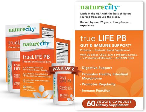 NatureCity True-Life-PB Shelf Stable Blend Prebiotics and Probiotics for Women and Men - Digestive Gut Health Supplements for Women and Men - Dairy Free - (60 Veggie Capsules) in Saudi Arabia