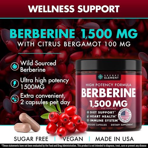 Secret Element Berberine HCL Supplement 1500 mg, High Potency Vegan Capsules with Beet Root, Citrus Bergamot & Black Currant, Non-GMO, 180 Capsules in Saudi Arabia