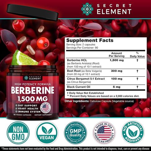 Secret Element Berberine HCL Supplement 1500 mg, High Potency Vegan Capsules with Beet Root, Citrus Bergamot & Black Currant, Non-GMO, 180 Capsules in Saudi Arabia