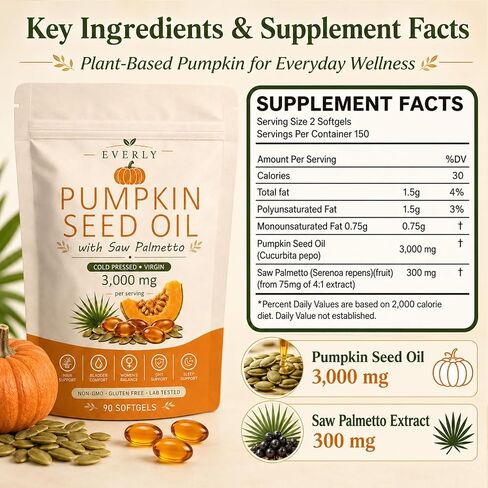 Everly Pumpkin Seed Oil With Saw Palmetto, Upgraded Cold Pressed, Pure Virgin Oil Non-Gmo Rich In Essential Fatty Acids & Phytosterols 90 Softgels90 Softgels in Saudi Arabia