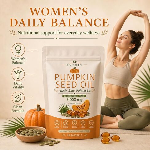 Everly Pumpkin Seed Oil With Saw Palmetto, Upgraded Cold Pressed, Pure Virgin Oil Non-Gmo Rich In Essential Fatty Acids & Phytosterols 90 Softgels90 Softgels in Saudi Arabia
