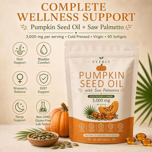 Everly Pumpkin Seed Oil With Saw Palmetto, Upgraded Cold Pressed, Pure Virgin Oil Non-Gmo Rich In Essential Fatty Acids & Phytosterols 90 Softgels90 Softgels in Saudi Arabia