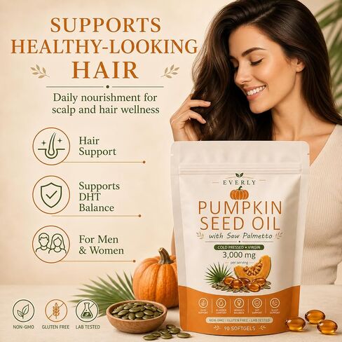 Everly Pumpkin Seed Oil With Saw Palmetto, Upgraded Cold Pressed, Pure Virgin Oil Non-Gmo Rich In Essential Fatty Acids & Phytosterols 90 Softgels90 Softgels in Saudi Arabia
