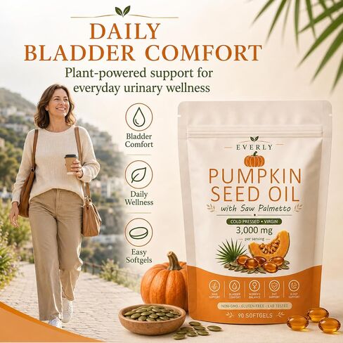 Everly Pumpkin Seed Oil With Saw Palmetto, Upgraded Cold Pressed, Pure Virgin Oil Non-Gmo Rich In Essential Fatty Acids & Phytosterols 90 Softgels90 Softgels in Saudi Arabia