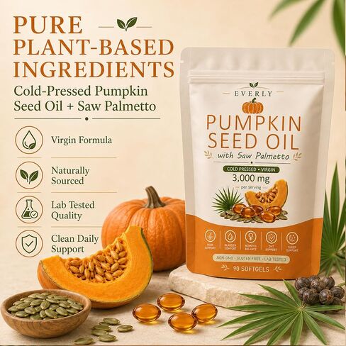 Everly Pumpkin Seed Oil With Saw Palmetto, Upgraded Cold Pressed, Pure Virgin Oil Non-Gmo Rich In Essential Fatty Acids & Phytosterols 90 Softgels90 Softgels in Saudi Arabia