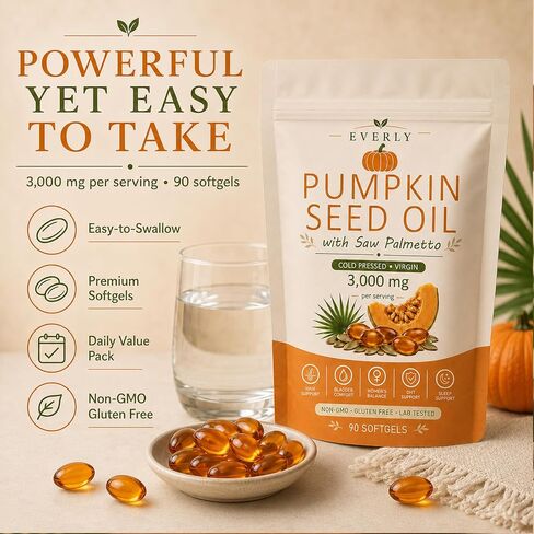 Everly Pumpkin Seed Oil With Saw Palmetto, Upgraded Cold Pressed, Pure Virgin Oil Non-Gmo Rich In Essential Fatty Acids & Phytosterols 90 Softgels90 Softgels in Saudi Arabia