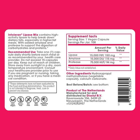 Intoleran Lipase Mix – 108 Capsules | Digestive Enzymes for Fatty Foods|Supports Digestive Comfort | Keto Diet Friendly | Promotes Nutrient Absorption| Pure & Vegan in Saudi Arabia
