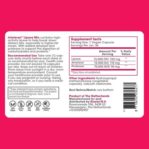 Intoleran Lipase Mix – 36 Capsules | Digestive Enzymes for Fatty Foods|Supports Digestive Comfort | Keto Diet Friendly | Promotes Nutrient Absorption| Pure & Vegan in Saudi Arabia