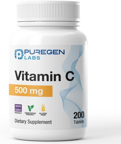 Puregen Labs Vitamin C 500 MG يدعم نظام المناعة الصحي والحماية المضادة للأكسدة | غير معدل وراثيًا | خالي من الغلوتين - 200 قرص in Kuwait