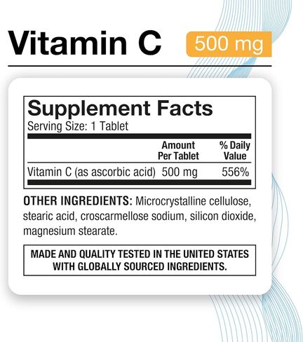 Puregen Labs Vitamin C 500 MG يدعم نظام المناعة الصحي والحماية المضادة للأكسدة | غير معدل وراثيًا | خالي من الغلوتين - 200 قرص in Kuwait