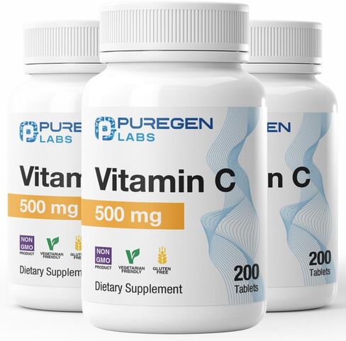 Puregen Labs Vitamin C 500 MG يدعم نظام المناعة الصحي والحماية المضادة للأكسدة | غير معدل وراثيًا | خالي من الغلوتين - 200 قرص in Kuwait