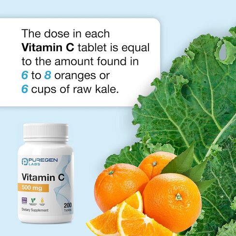 Puregen Labs Vitamin C 500 MG يدعم نظام المناعة الصحي والحماية المضادة للأكسدة | غير معدل وراثيًا | خالي من الغلوتين - 200 قرص in Kuwait