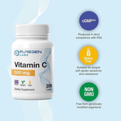 Puregen Labs Vitamin C 500 MG يدعم نظام المناعة الصحي والحماية المضادة للأكسدة | غير معدل وراثيًا | خالي من الغلوتين - 200 قرص in Kuwait