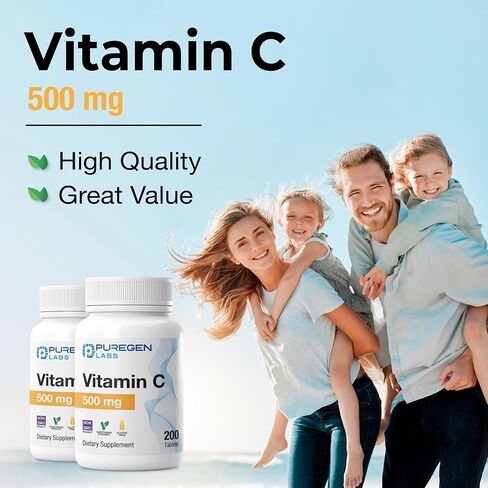 Puregen Labs Vitamin C 500 MG يدعم نظام المناعة الصحي والحماية المضادة للأكسدة | غير معدل وراثيًا | خالي من الغلوتين - 200 قرص in Kuwait