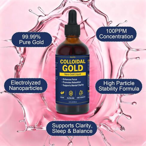 Colloidal Gold 100ppm Drop 3.4 oz, 99% Pure 24K Nano Gold, Particles Premium Colloidal Gold for Clarity Focus Balance, Daily Wellness Routine Smooth Liquid Formula, Easy to Use High Purity Gold in Saudi Arabia