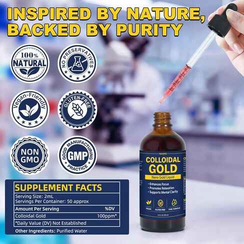 Colloidal Gold 100ppm Drop 3.4 oz, 99% Pure 24K Nano Gold, Particles Premium Colloidal Gold for Clarity Focus Balance, Daily Wellness Routine Smooth Liquid Formula, Easy to Use High Purity Gold in Saudi Arabia