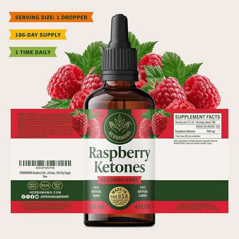 HERBAMAMA Raspberry Ketones Liquid Supplement - Metabolic Wellness Support - Daily Energy & Active Lifestyle Formula - Vegan, Non-GMO, Alcohol-Free & Sugar-Free, 168-Day Supply in Kuwait