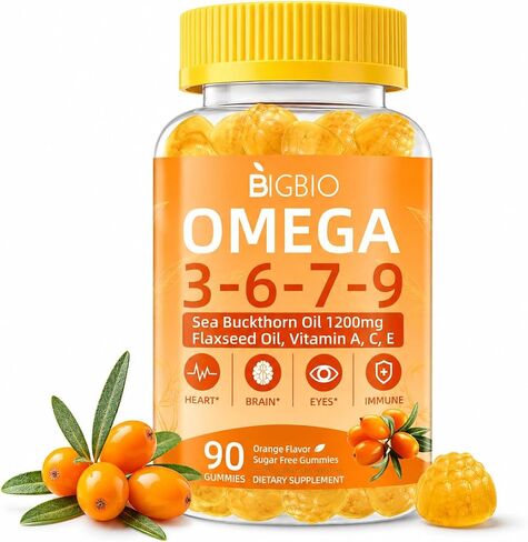 Omega 3-6-7-9 Gummies, Organic Sea Buckthorn Oil 1200MG & Flaxseed Oil 500MG, Vegan Omega 7 Supplement w/Vitamin A, C, E, Fatty Acids, No Fish Taste, Supports Skin, Eye, Immune, Brain Health, 90 Cts in Saudi Arabia