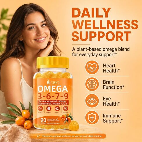 Omega 3-6-7-9 Gummies, Organic Sea Buckthorn Oil 1200MG & Flaxseed Oil 500MG, Vegan Omega 7 Supplement w/Vitamin A, C, E, Fatty Acids, No Fish Taste, Supports Skin, Eye, Immune, Brain Health, 90 Cts in Saudi Arabia