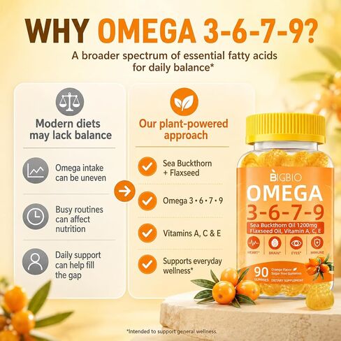 Omega 3-6-7-9 Gummies, Organic Sea Buckthorn Oil 1200MG & Flaxseed Oil 500MG, Vegan Omega 7 Supplement w/Vitamin A, C, E, Fatty Acids, No Fish Taste, Supports Skin, Eye, Immune, Brain Health, 90 Cts in Saudi Arabia