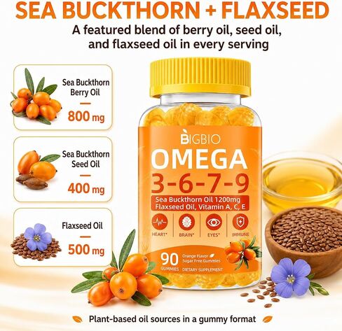 Omega 3-6-7-9 Gummies, Organic Sea Buckthorn Oil 1200MG & Flaxseed Oil 500MG, Vegan Omega 7 Supplement w/Vitamin A, C, E, Fatty Acids, No Fish Taste, Supports Skin, Eye, Immune, Brain Health, 90 Cts in Saudi Arabia