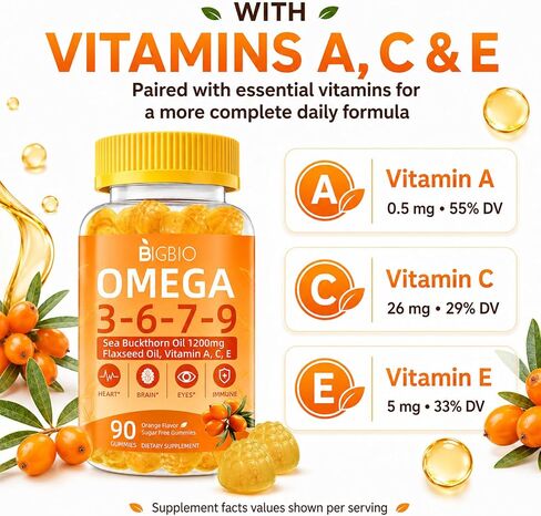 Omega 3-6-7-9 Gummies, Organic Sea Buckthorn Oil 1200MG & Flaxseed Oil 500MG, Vegan Omega 7 Supplement w/Vitamin A, C, E, Fatty Acids, No Fish Taste, Supports Skin, Eye, Immune, Brain Health, 90 Cts in Saudi Arabia
