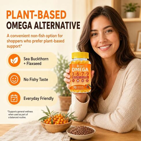 Omega 3-6-7-9 Gummies, Organic Sea Buckthorn Oil 1200MG & Flaxseed Oil 500MG, Vegan Omega 7 Supplement w/Vitamin A, C, E, Fatty Acids, No Fish Taste, Supports Skin, Eye, Immune, Brain Health, 90 Cts in Saudi Arabia