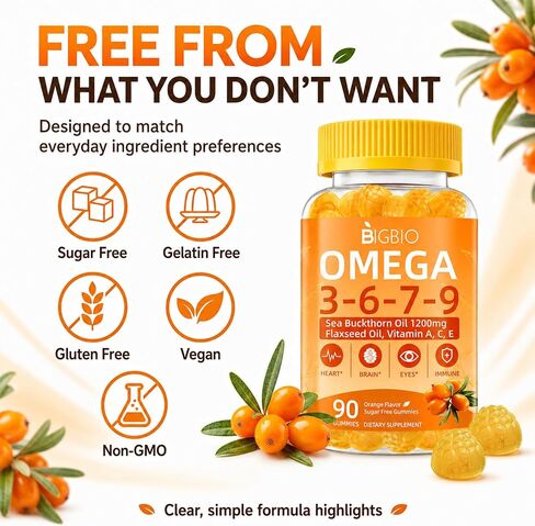 Omega 3-6-7-9 Gummies, Organic Sea Buckthorn Oil 1200MG & Flaxseed Oil 500MG, Vegan Omega 7 Supplement w/Vitamin A, C, E, Fatty Acids, No Fish Taste, Supports Skin, Eye, Immune, Brain Health, 90 Cts in Saudi Arabia