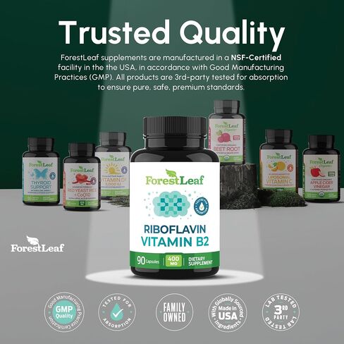ForestLeaf Vitamin B2 Riboflavin 400mg - Energy, Skin & Cellular Health Supplement - Nervous System Support - Vitamin B 2 VIT B - Non-GMO & Gluten Free - B2 Vitamin 400mg Vegetable Capsules, 90 Count in Saudi Arabia