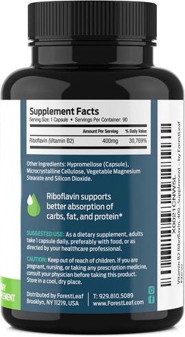 ForestLeaf Vitamin B2 Riboflavin 400mg - Energy, Skin & Cellular Health Supplement - Nervous System Support - Vitamin B 2 VIT B - Non-GMO & Gluten Free - B2 Vitamin 400mg Vegetable Capsules, 90 Count in Saudi Arabia