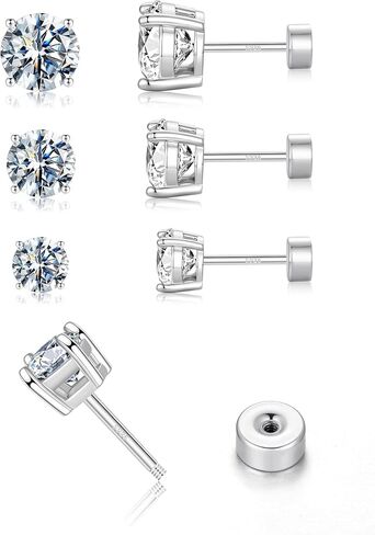 IEFWELL 3 Pairs Moissanite Earrings for Women Men, D-E Color VVS1 Moissanite Flatback Stud Earrings Set Silver Plated Cartilage Piercing Birthday Gifts for Women Men in Kuwait