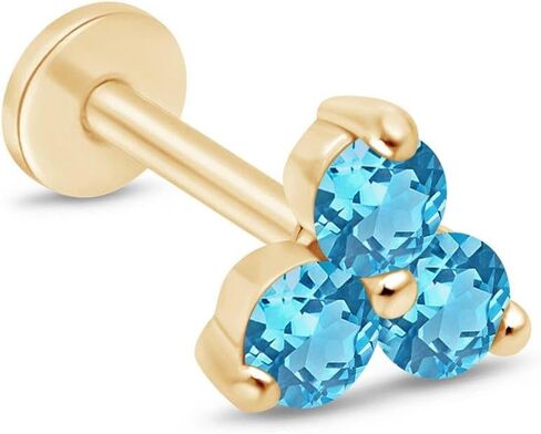 14K Solid Gold Gemstone Trio Flat Back Earrings for Women Threaded Conch Tragus Helix Piercing Jewelry Flower Cartilage Earring Hypoallergenic Screw Back Stud 3 Birthstone Minimalist SINGLE STUD/PAIR in Saudi Arabia