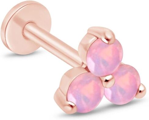 14K Solid Gold Gemstone Trio Flat Back Earrings for Women Threaded Conch Tragus Helix Piercing Jewelry Flower Cartilage Earring Hypoallergenic Screw Back Stud 3 Birthstone Minimalist SINGLE STUD/PAIR in Saudi Arabia
