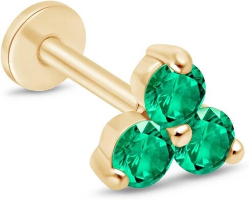 14K Solid Gold Gemstone Trio Flat Back Earrings for Women Threaded Conch Tragus Helix Piercing Jewelry Flower Cartilage Earring Hypoallergenic Screw Back Stud 3 Birthstone Minimalist SINGLE STUD/PAIR in Saudi Arabia