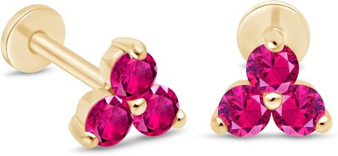 14K Solid Gold Gemstone Trio Flat Back Earrings for Women Threaded Conch Tragus Helix Piercing Jewelry Flower Cartilage Earring Hypoallergenic Screw Back Stud 3 Birthstone Minimalist SINGLE STUD/PAIR in Saudi Arabia