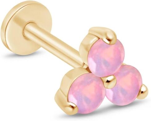 14K Solid Gold Gemstone Trio Flat Back Earrings for Women Threaded Conch Tragus Helix Piercing Jewelry Flower Cartilage Earring Hypoallergenic Screw Back Stud 3 Birthstone Minimalist SINGLE STUD/PAIR in Saudi Arabia
