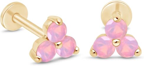 14K Solid Gold Gemstone Trio Flat Back Earrings for Women Threaded Conch Tragus Helix Piercing Jewelry Flower Cartilage Earring Hypoallergenic Screw Back Stud 3 Birthstone Minimalist SINGLE STUD/PAIR in Saudi Arabia