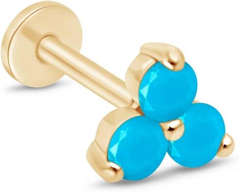 14K Solid Gold Gemstone Trio Flat Back Earrings for Women Threaded Conch Tragus Helix Piercing Jewelry Flower Cartilage Earring Hypoallergenic Screw Back Stud 3 Birthstone Minimalist SINGLE STUD/PAIR in Saudi Arabia
