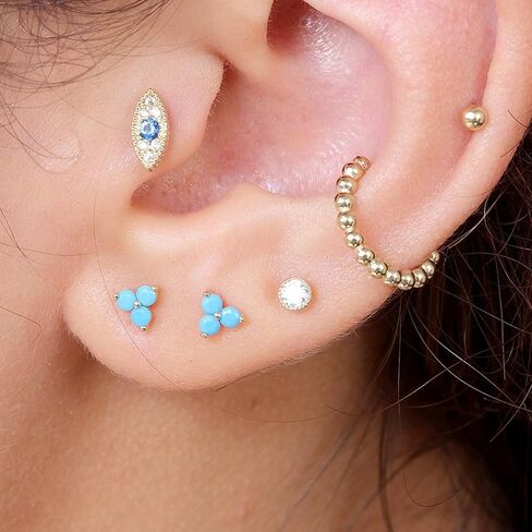 14K Solid Gold Gemstone Trio Flat Back Earrings for Women Threaded Conch Tragus Helix Piercing Jewelry Flower Cartilage Earring Hypoallergenic Screw Back Stud 3 Birthstone Minimalist SINGLE STUD/PAIR in Saudi Arabia