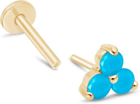 14K Solid Gold Gemstone Trio Flat Back Earrings for Women Threaded Conch Tragus Helix Piercing Jewelry Flower Cartilage Earring Hypoallergenic Screw Back Stud 3 Birthstone Minimalist SINGLE STUD/PAIR in Saudi Arabia