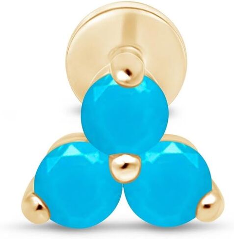 14K Solid Gold Gemstone Trio Flat Back Earrings for Women Threaded Conch Tragus Helix Piercing Jewelry Flower Cartilage Earring Hypoallergenic Screw Back Stud 3 Birthstone Minimalist SINGLE STUD/PAIR in Saudi Arabia