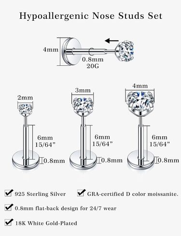Kosuwo 3 Pairs FlatBack Moissanite Nose Studs Set for Women Men, 20G/18G/16G 925 Sterling Silver Nose Rings, Hypoallergenic Flat Back Earrings for Nose Tragus Cartilage Piercing Jewelry in Saudi Arabia