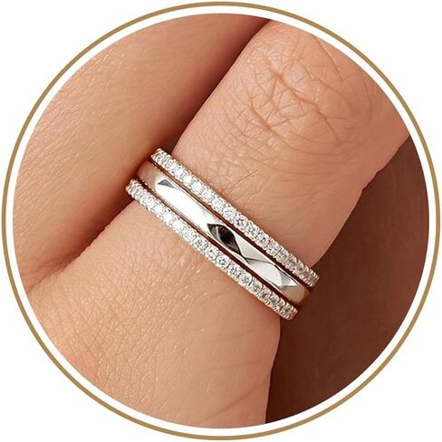 Purplepig Stackable Rings for Women Non Tarnish, Two Tone Mixed Metal Dainty Eternity Band Set, 14K Gold & Sterling Silver Plated Cubic Zirconia Hypoallergenic Wedding Thumb Pinky Rings Size 4-11 in Saudi Arabia
