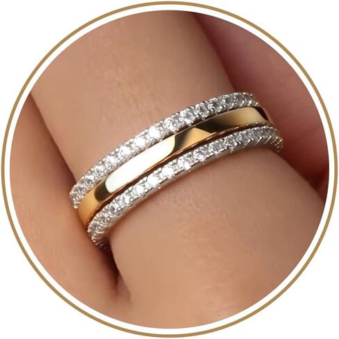 Purplepig Stackable Rings for Women Non Tarnish, Two Tone Mixed Metal Dainty Eternity Band Set, 14K Gold & Sterling Silver Plated Cubic Zirconia Hypoallergenic Wedding Thumb Pinky Rings Size 4-11 in Saudi Arabia