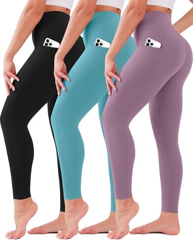 SUNCLOVE 3 Pack Leggings with Pockets for Women High Waisted Tummy Control Soft Yoga Pants Womens Workout Gym Leggings in Kuwait