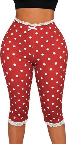 WDIRARA Women's Polka Dots Capris Pants Lace Trim Elastic High Waisted Skinny Yoga Leggings in Kuwait