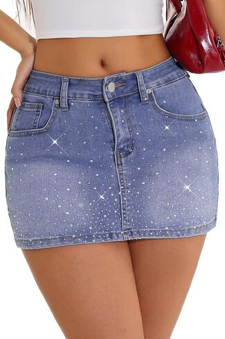 GUANYY Jean Skirt for Women Denim Stretchy Low Waisted Rhinestone Sparkly Micro Mini Skirt with Shorts Underneath in Saudi Arabia