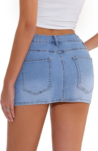 GUANYY Jean Skirt for Women Denim Stretchy Low Waisted Rhinestone Sparkly Micro Mini Skirt with Shorts Underneath in Saudi Arabia