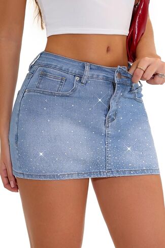 GUANYY Jean Skirt for Women Denim Stretchy Low Waisted Rhinestone Sparkly Micro Mini Skirt with Shorts Underneath in Saudi Arabia