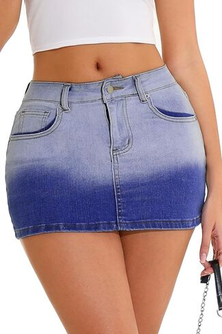 GUANYY Jean Skirt for Women Denim Stretchy Low Waisted Rhinestone Sparkly Micro Mini Skirt with Shorts Underneath in Saudi Arabia